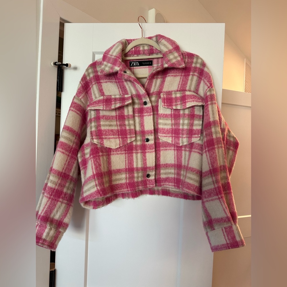 Zara Pink and Cream Plaid Flannel Jacket